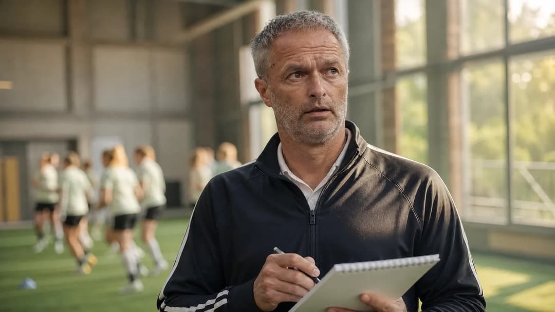 Close-up of coach Christian Wück contemplating strategies in a training facility, with players blurred in the background.