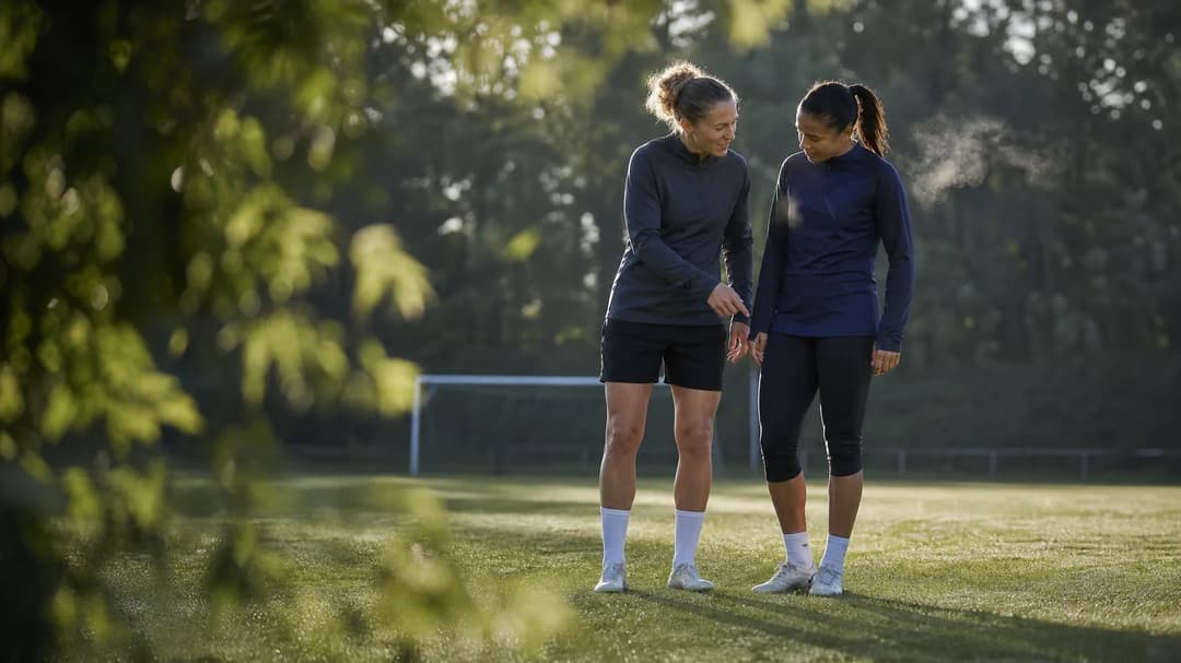 Two female footballers share a candid moment discussing tactics in a tranquil training ground.