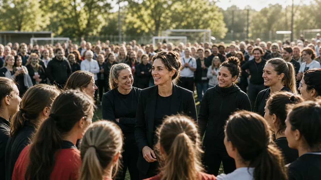 A scene showing Manchester United Women manager Eva Olid surrounded by her coaching staff and players at a training facility with a cheering crowd.