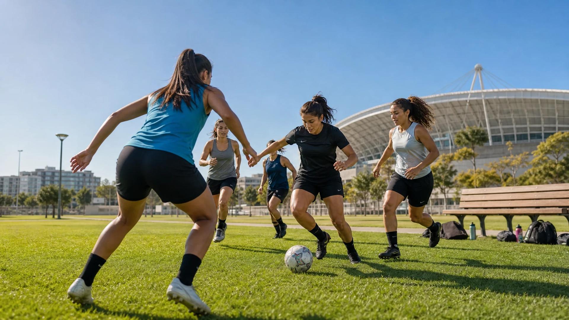 A group of female football players training in an urban park with Estádio do Dragão in the background.