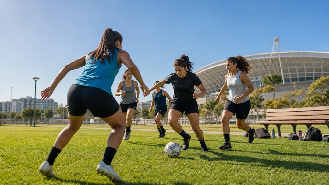A group of female football players training in an urban park with Estádio do Dragão in the background.