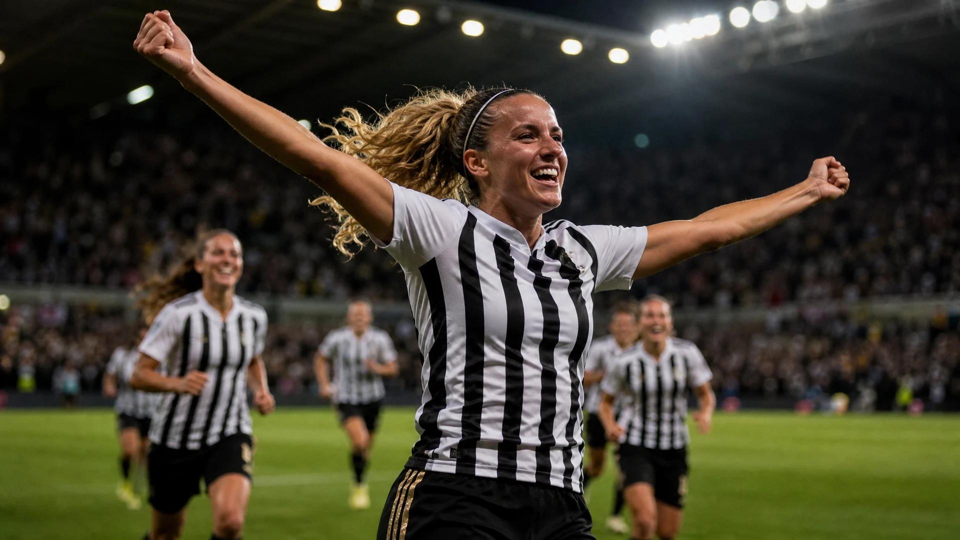 Ana Capeta celebrating a goal in a football match with blurred motion behind her.
