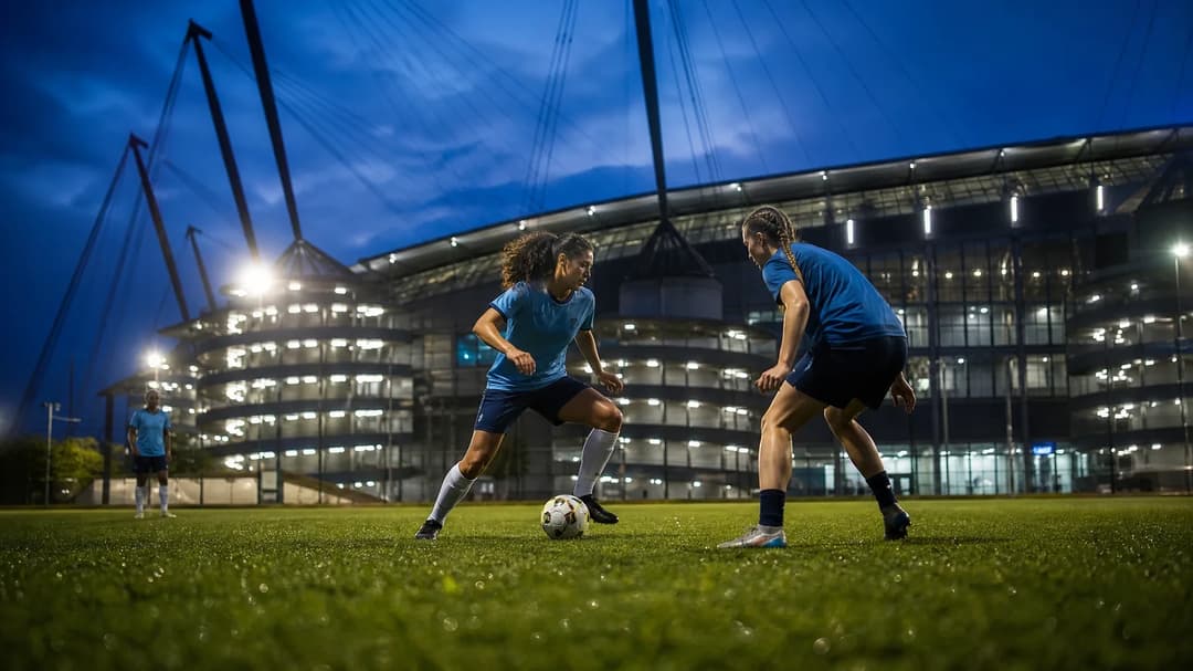 A wide shot of two female football players practicing at dusk in front of the Etihad Stadium.