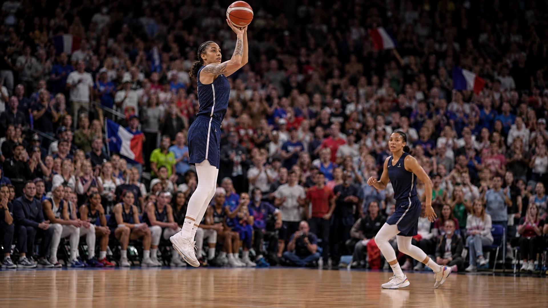A basketball player jumps to take a shot during a game, surrounded by an enthusiastic crowd.