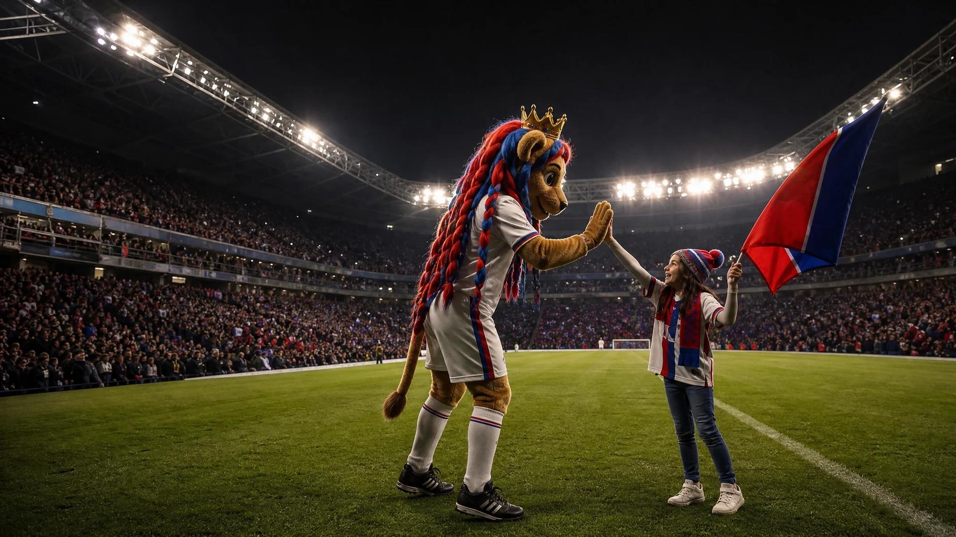 A wide shot of Lyonna the mascot engaging with a young fan in Groupama Stadium.