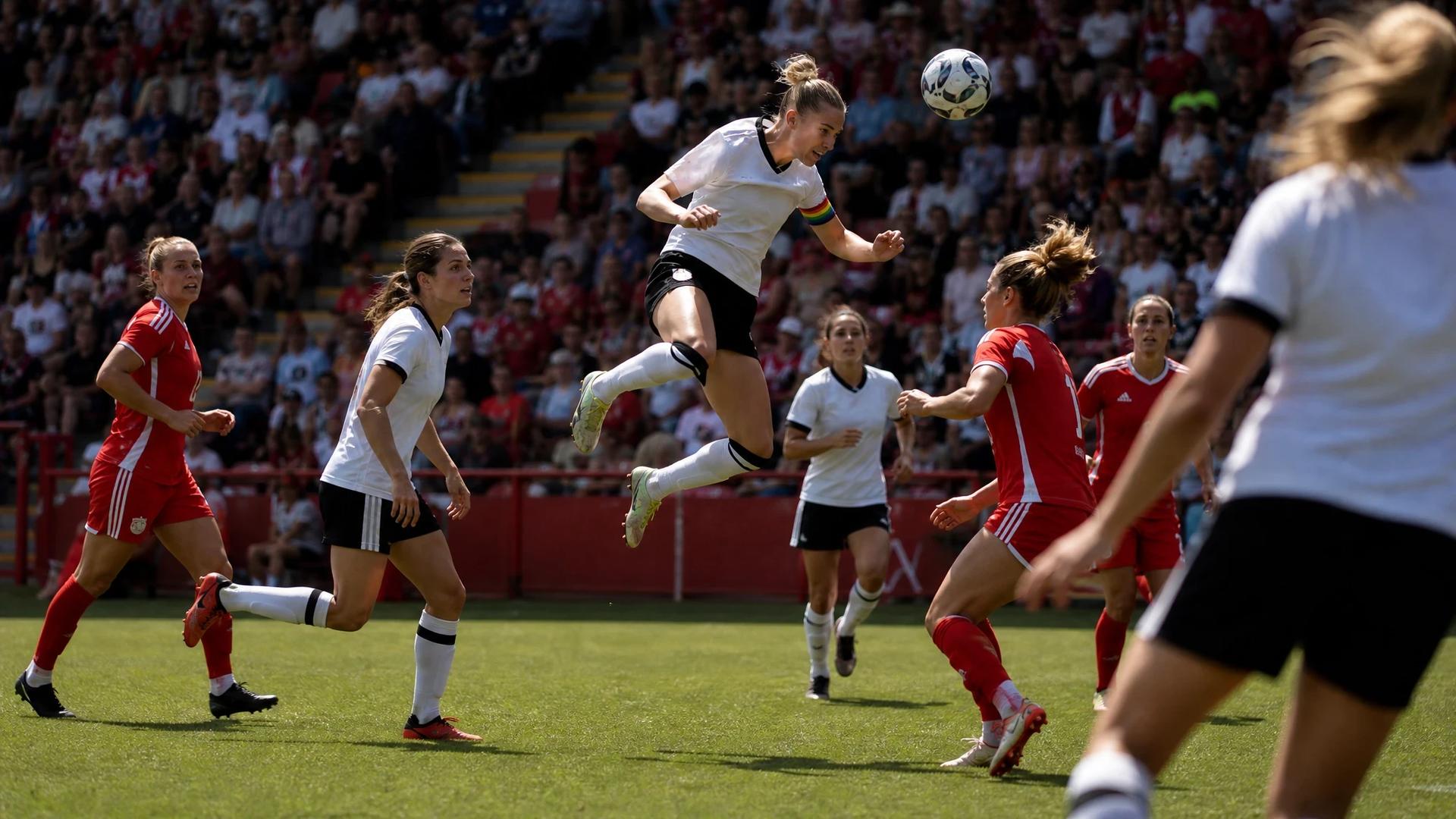 Laura Freigang executing a header during a football match.