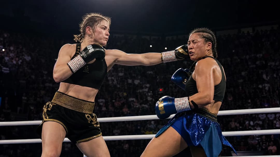 Katie Taylor throws a jab at Flora Pili during a boxing match at Croke Park.