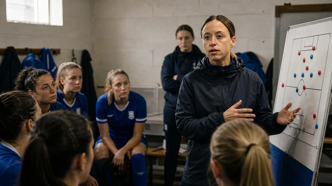 Amy Merricks discusses tactics with her players in the dressing room post-match.