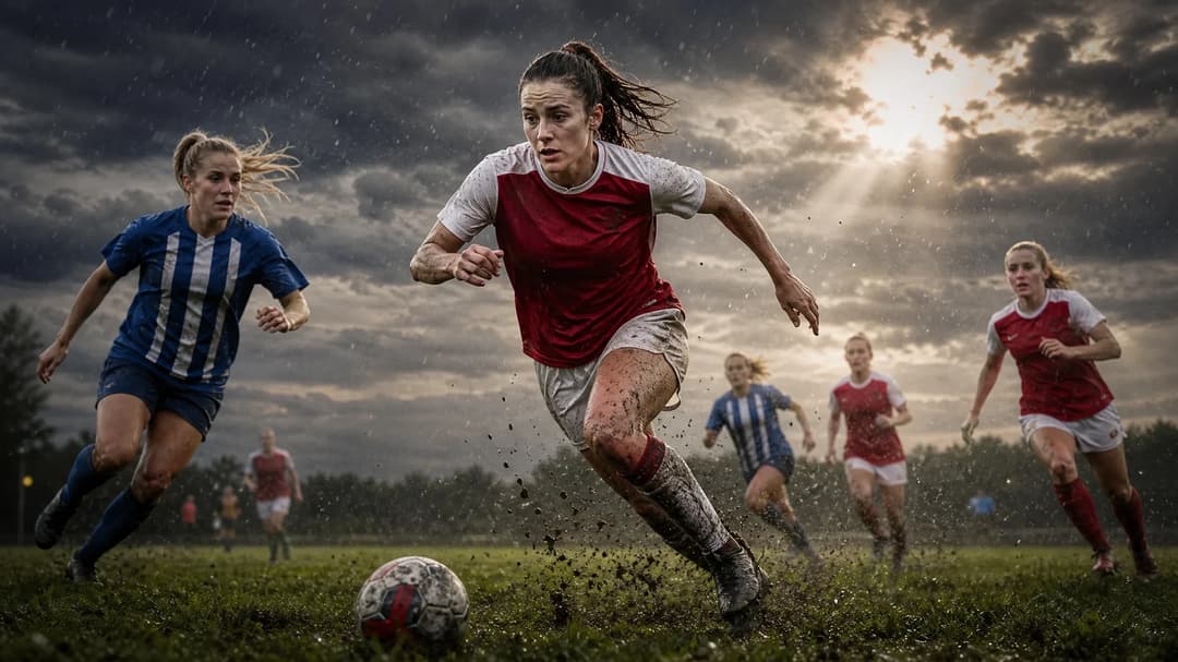 A female football player is captured mid-movement on a muddy pitch under stormy skies, conveying intensity.