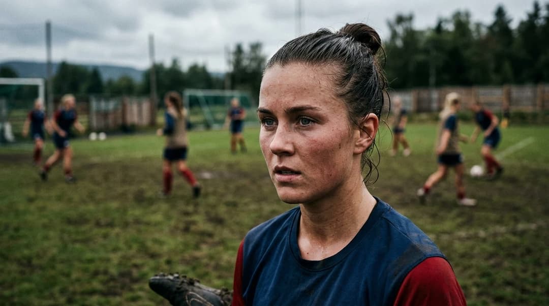 Close-up of a female football player focused on a training pitch