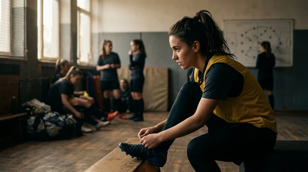 A young female football player adjusting her cleats in a training room, with teammates visible in the background.