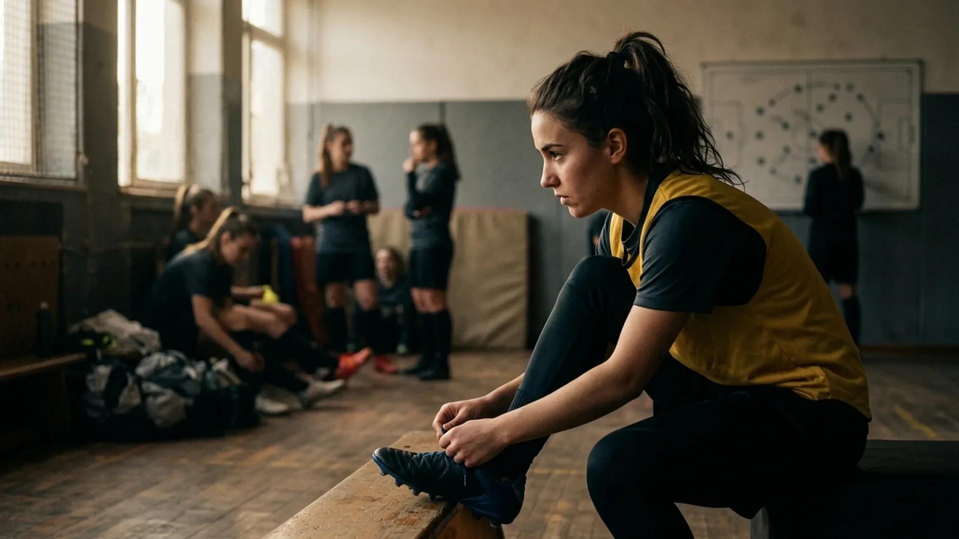A young female football player adjusting her cleats in a training room, with teammates visible in the background.