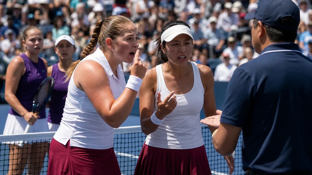 Jelena Ostapenko confronts the opposing coach at the US Open during a tense moment on the court.