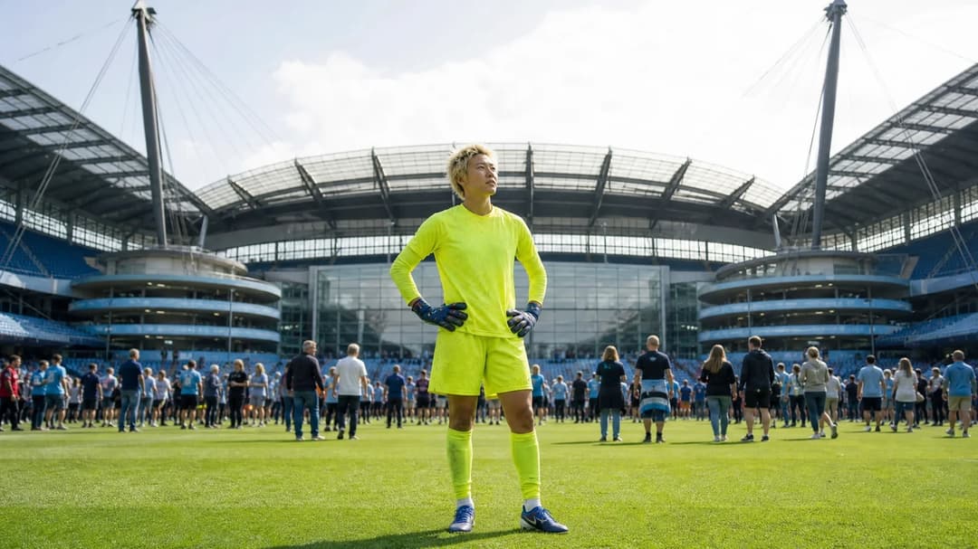 Ayaka Yamashita stands confidently in front of the Etihad Stadium after a match.