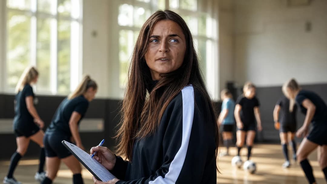 Elena Sadiku engaging with players in a training facility.
