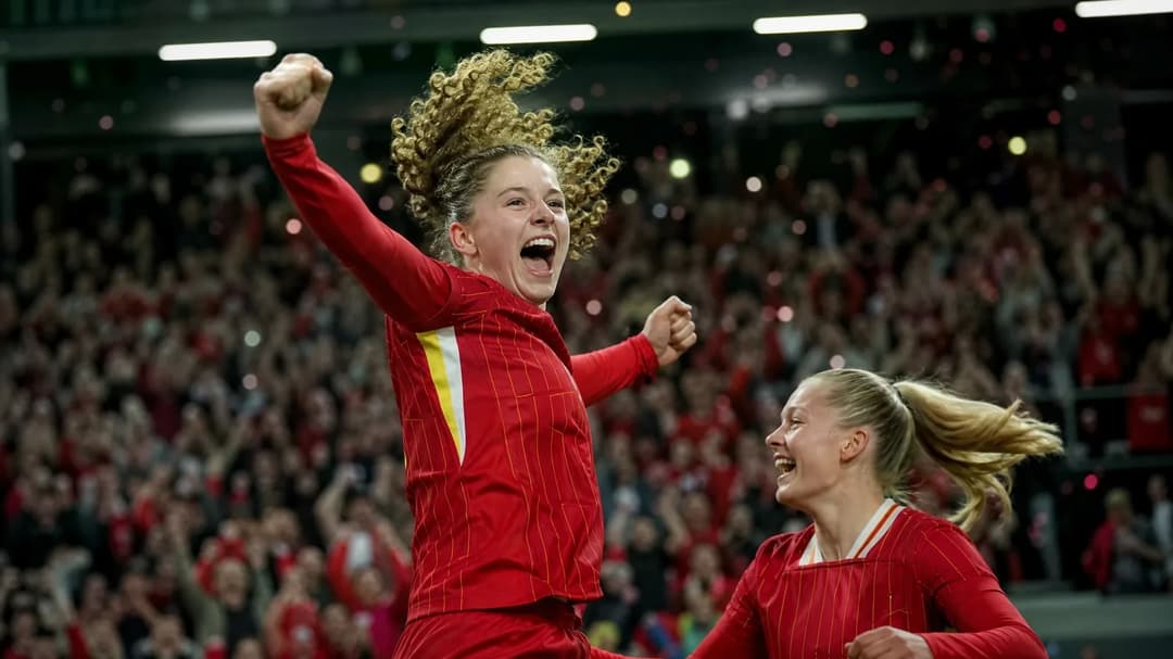 Liverpool women's football team celebrates victory in the stadium.