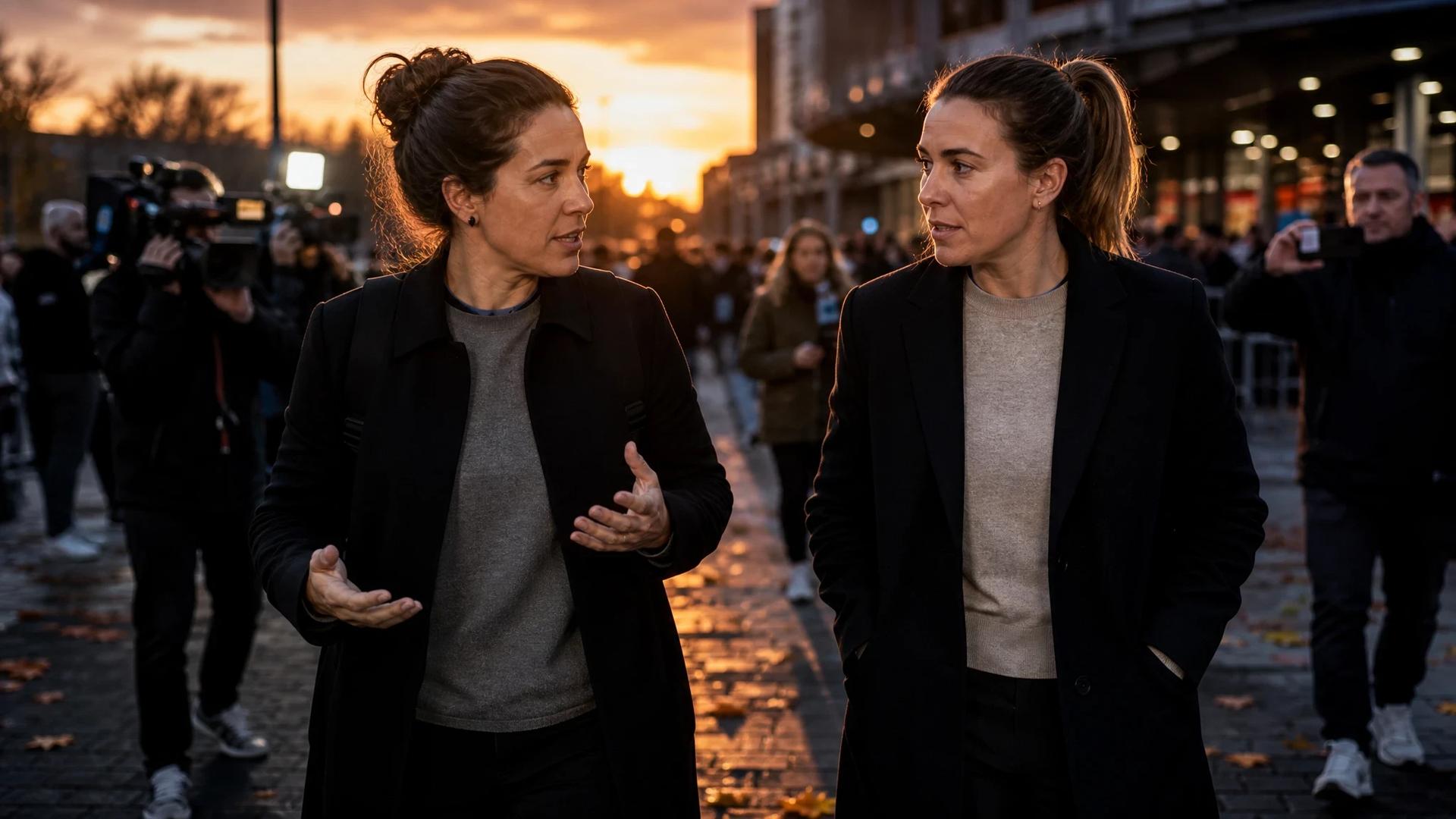 Two female football coaches walking towards a stadium, engaged in conversation.