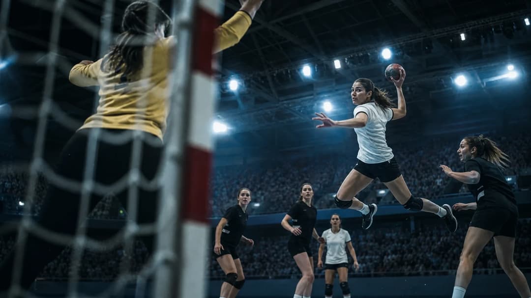 Ashley Sanchez scores a goal in an indoor sports arena.