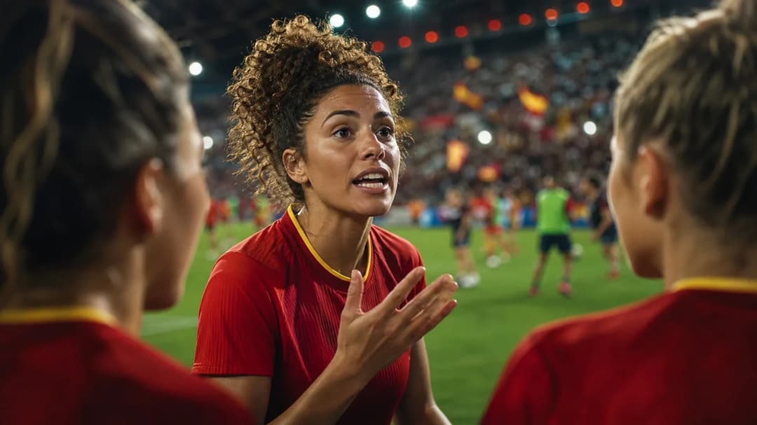 A group of diverse female football players passionately strategizing in a vibrant stadium.
