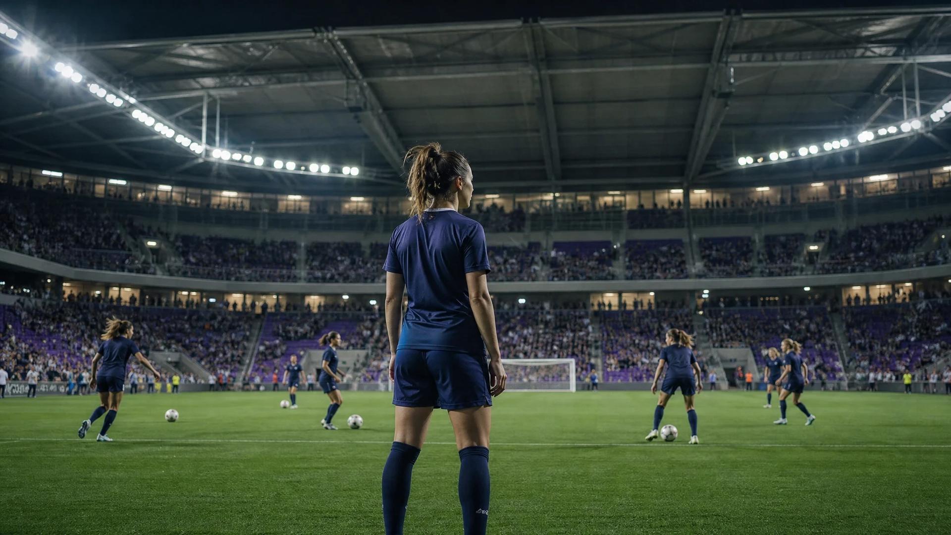 A female football player stands in a stadium surrounded by teammates warming up.