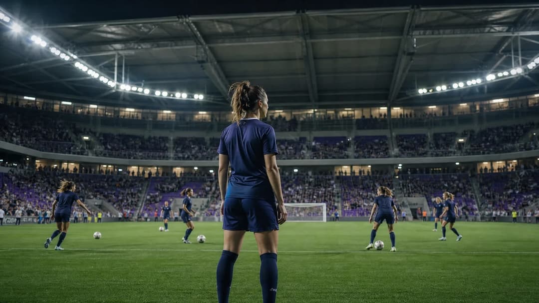 A female football player stands in a stadium surrounded by teammates warming up.