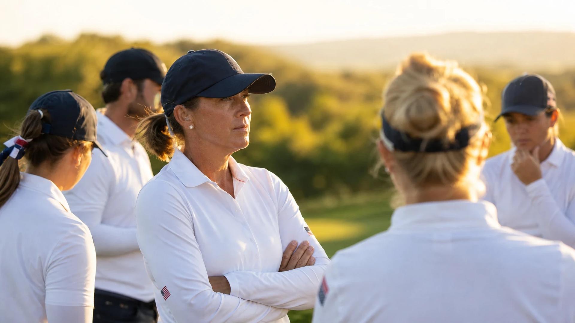 Team USA captain Angela Stanford stands confidently with teammates at Bernardus Golf during golden hour.