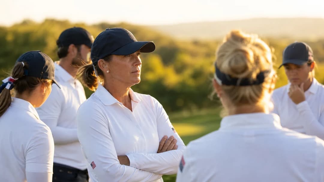 Team USA captain Angela Stanford stands confidently with teammates at Bernardus Golf during golden hour.