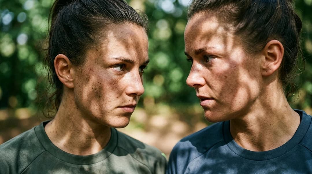 Close-up of two female football players preparing for a match, showcasing their focused expressions.