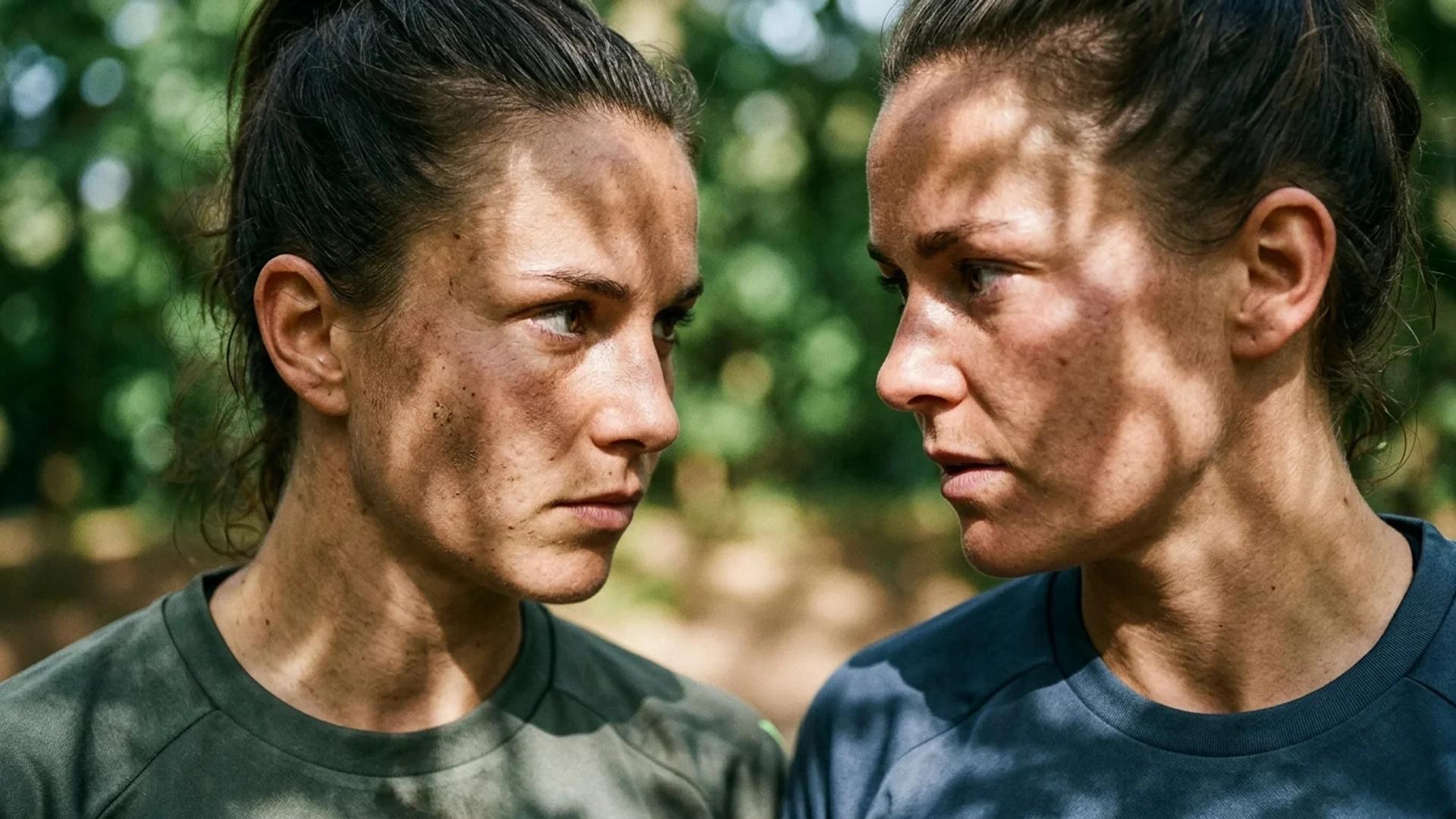 Close-up of two female football players preparing for a match, showcasing their focused expressions.