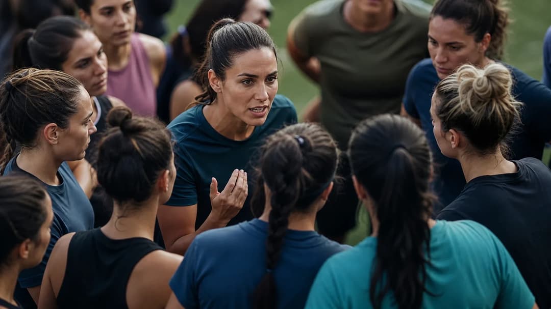 A diverse group of women football players strategizing passionately in a stadium.