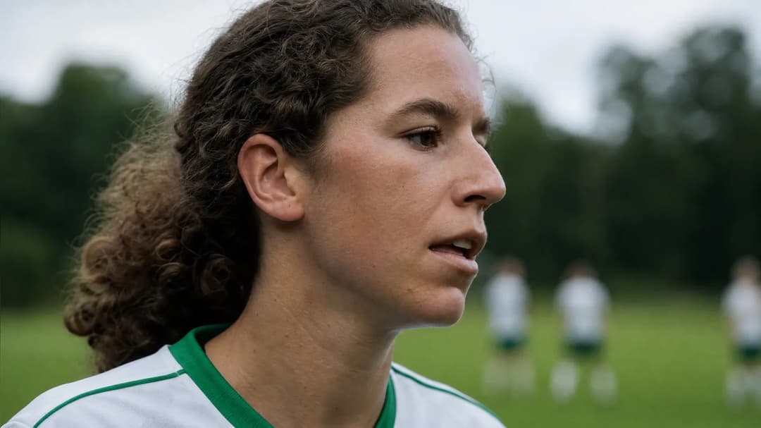 Close-up of Ines Lorenius, a young female footballer, reflecting in soft light on a training pitch.