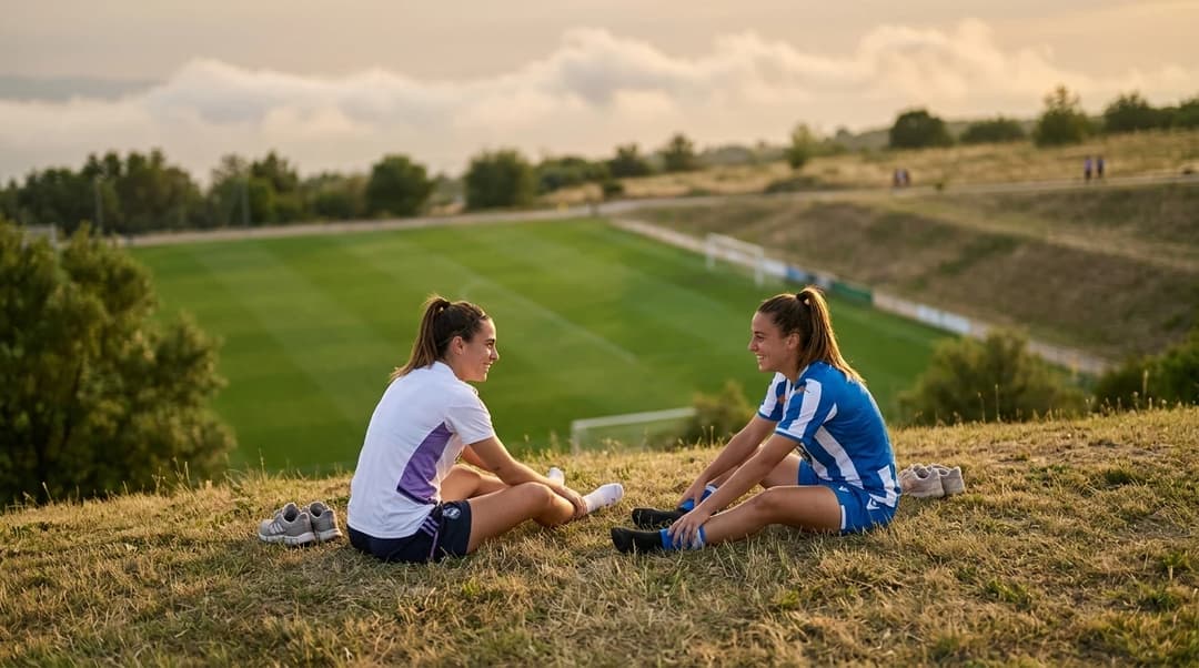 Two female football players from Real Madrid and Deportivo de La Coruña relaxing on a grassy hill during golden hour.