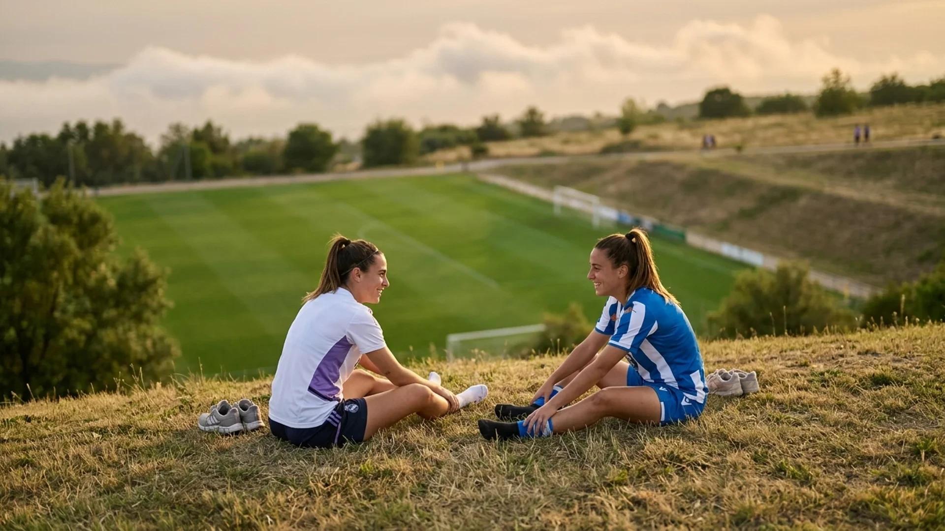Two female football players from Real Madrid and Deportivo de La Coruña relaxing on a grassy hill during golden hour.