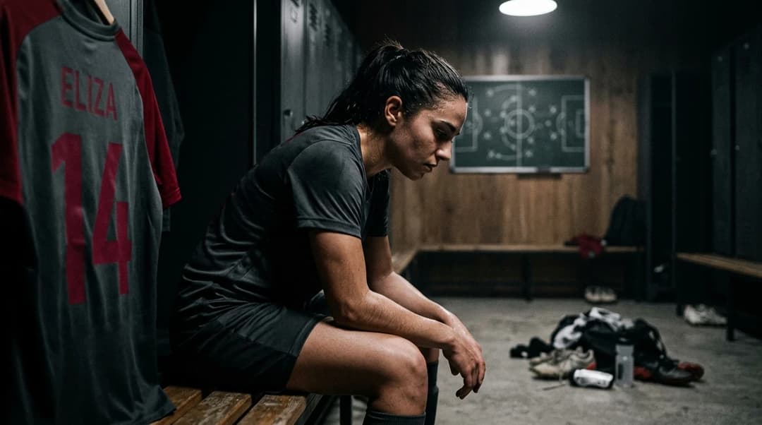 A female football player sits thoughtfully in a dimly lit locker room after a match.