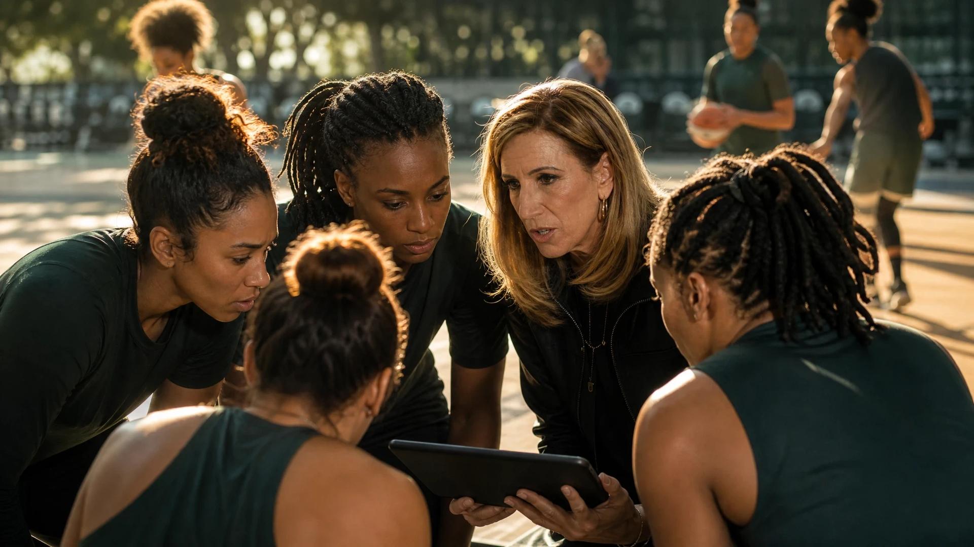 A group of female athletes strategizing before a WNBA game, illuminated by dappled sunlight.