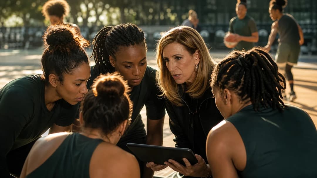 A group of female athletes strategizing before a WNBA game, illuminated by dappled sunlight.