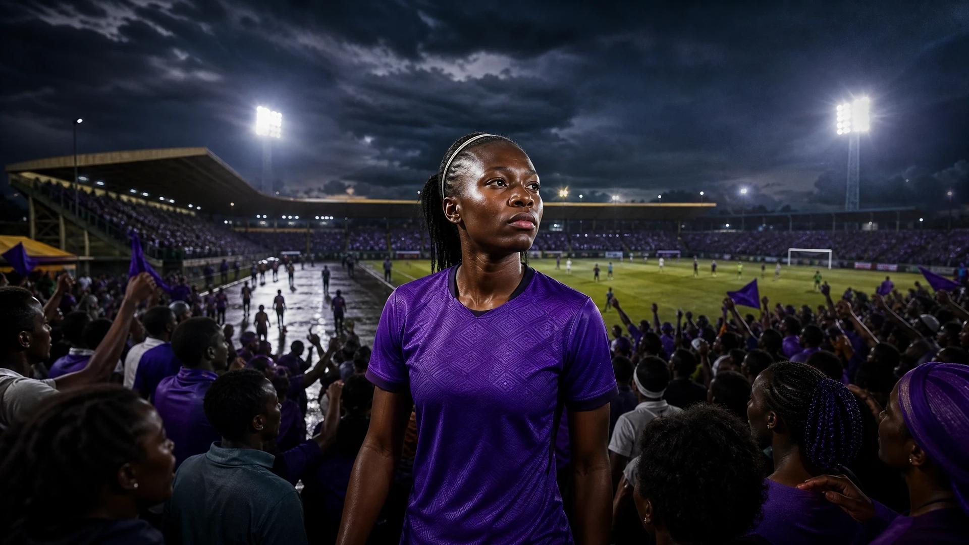 A female football player stands confidently among a cheering crowd in a stadium.