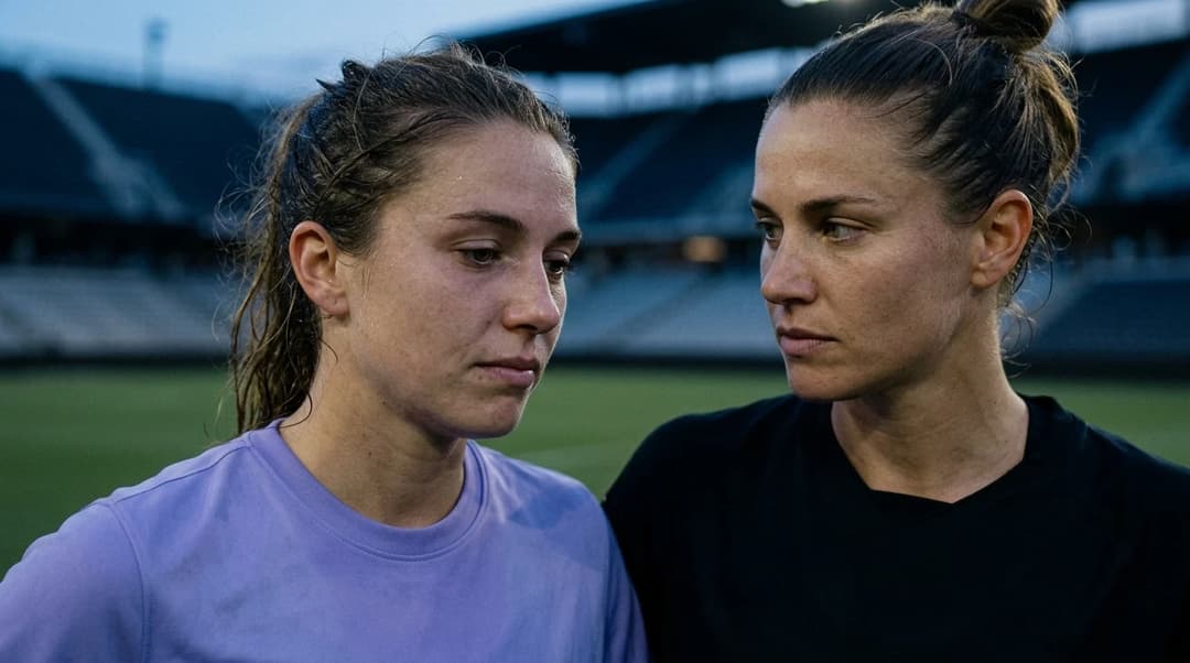 Two female football players reflect after a match at dusk.