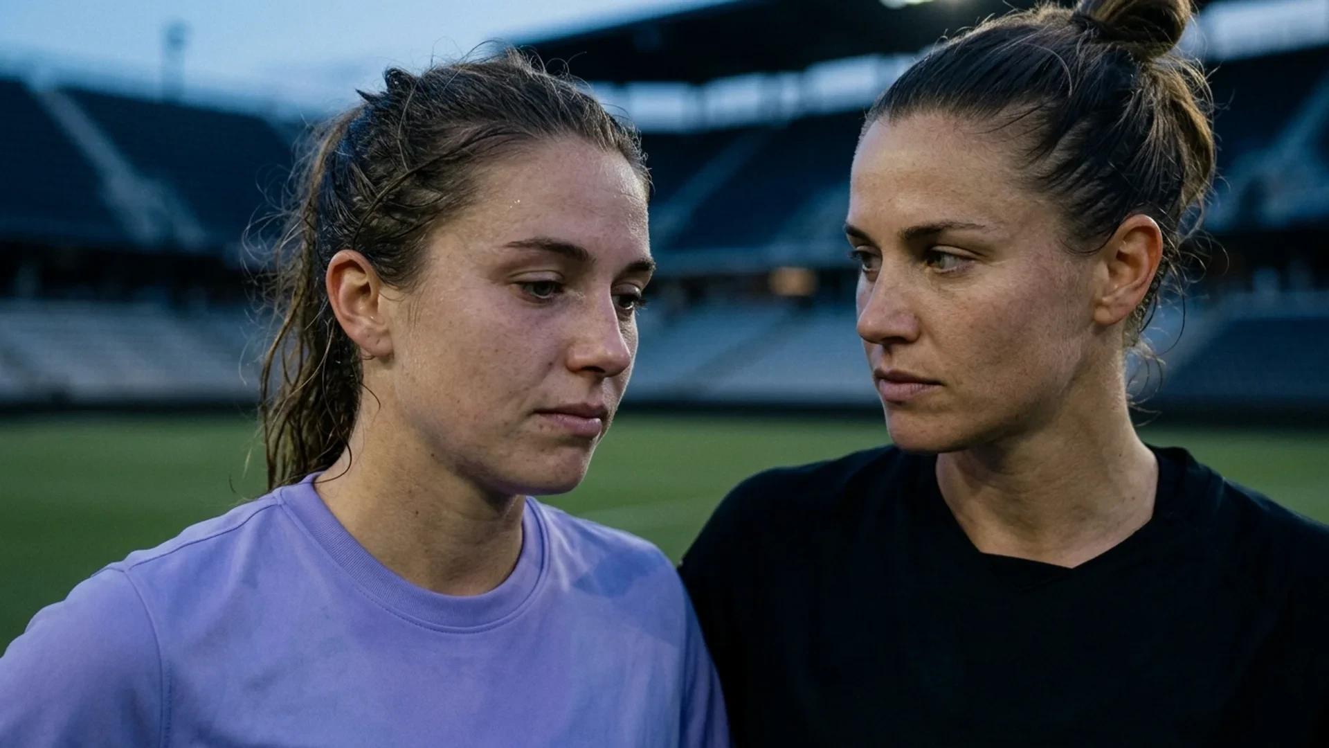 Two female football players reflect after a match at dusk.