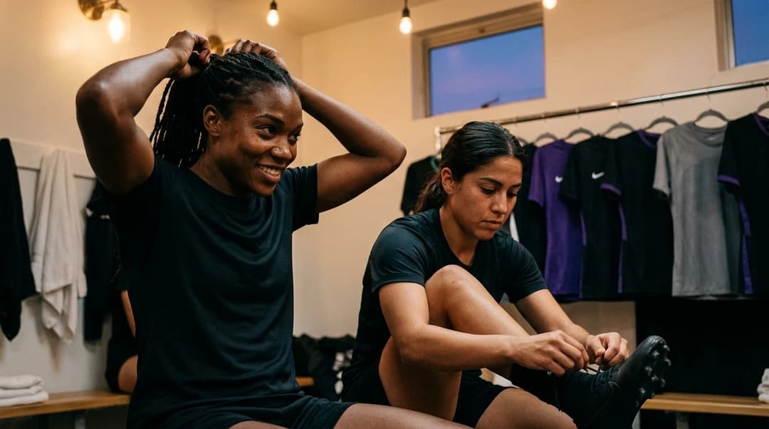 Close-up of two female football players preparing for a match, focusing on their expressions and camaraderie.