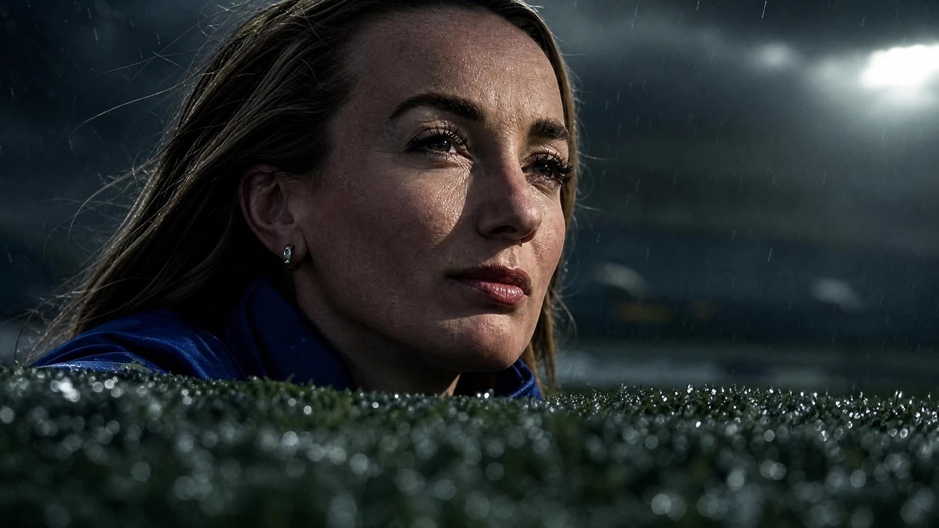 Close-up of Kosovare Asllani with a tense expression under stormy skies.