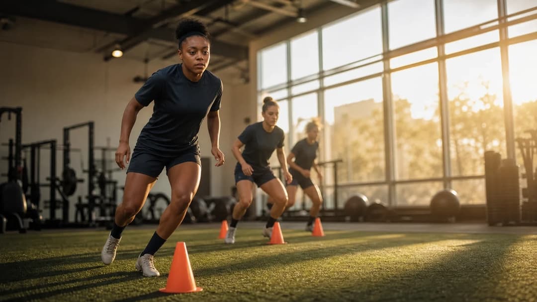 A group of female footballers training in a sunlit facility, with Katie Reid in the foreground practicing with focus.