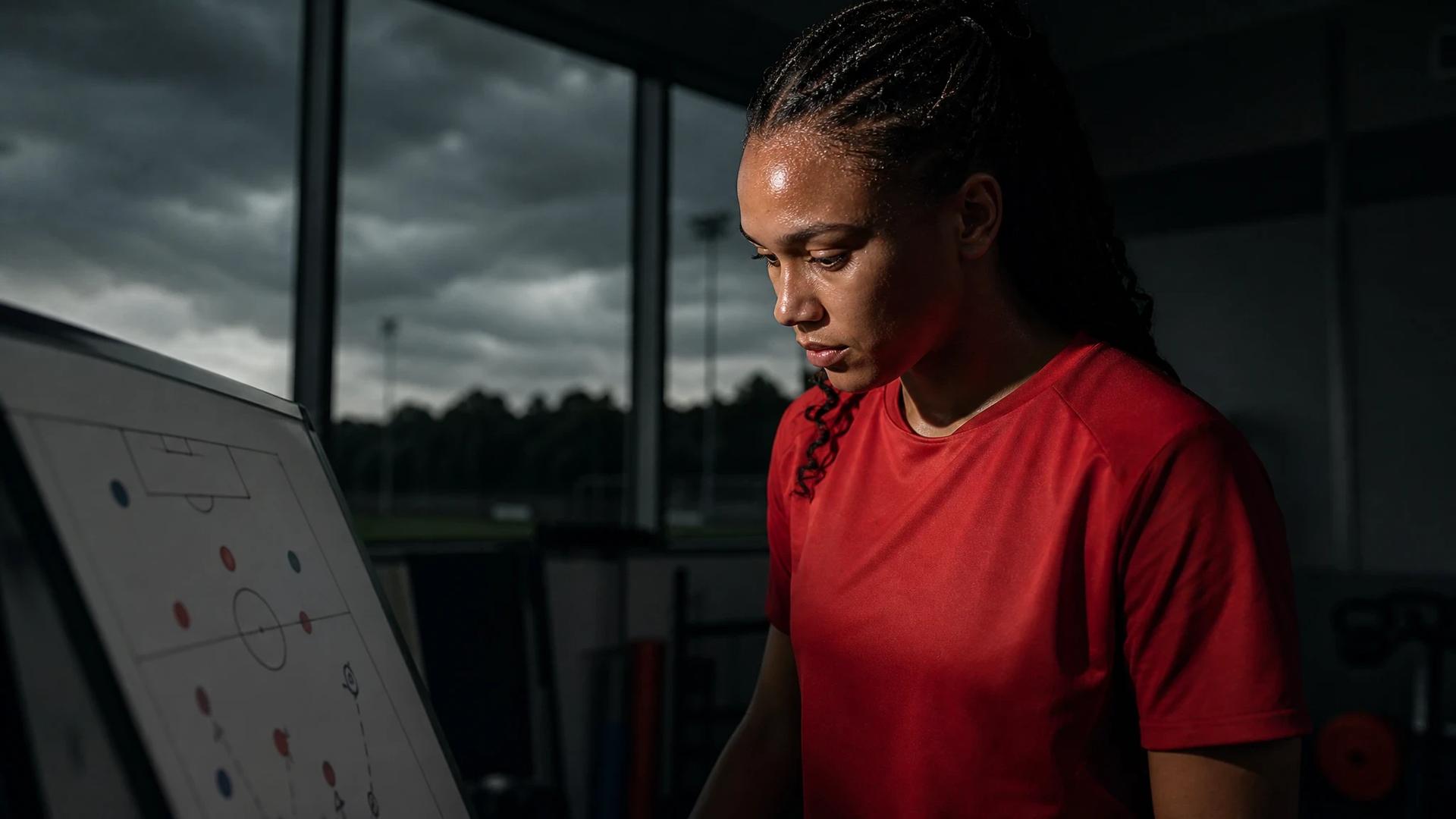 A focused young athlete studying tactical plays during an indoor training session.
