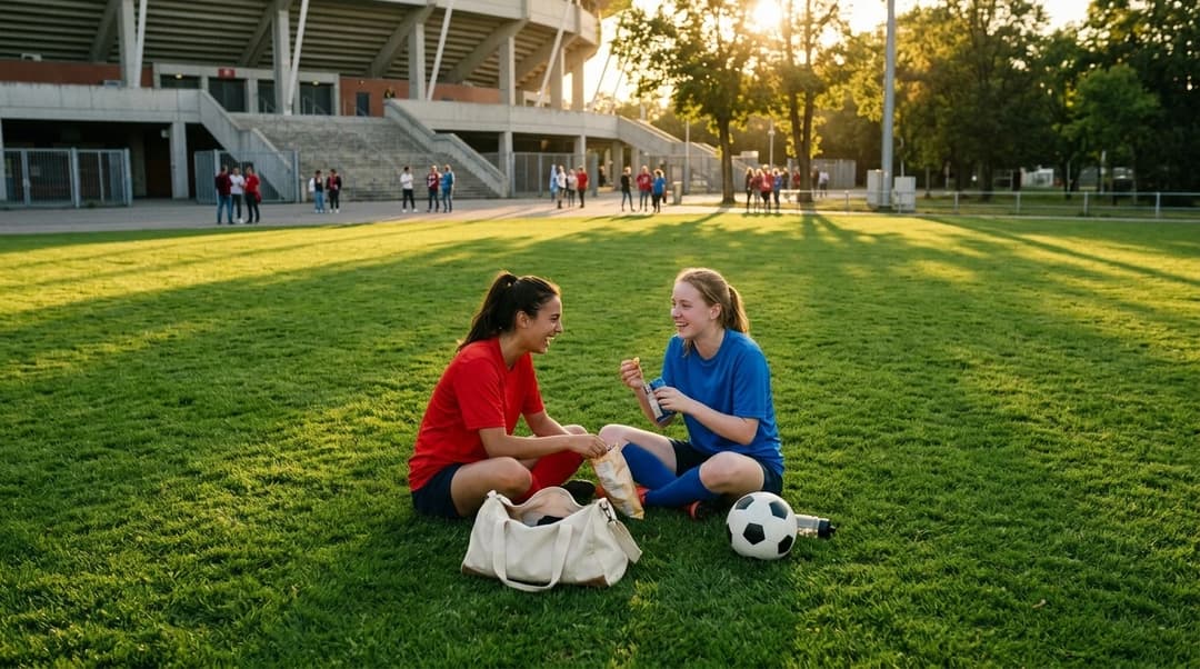 Two young women in sports jerseys laughing together on grass outside a football stadium.