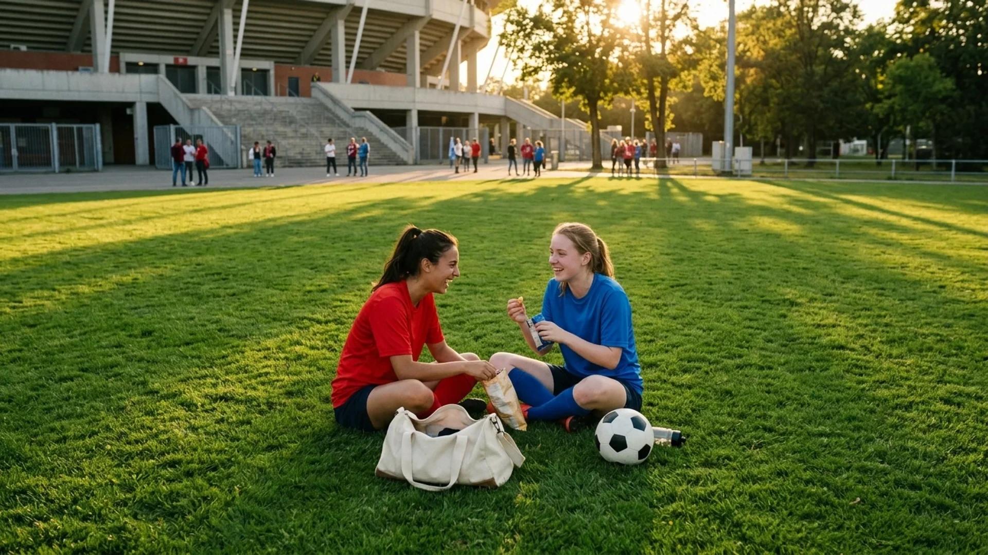 Two young women in sports jerseys laughing together on grass outside a football stadium.