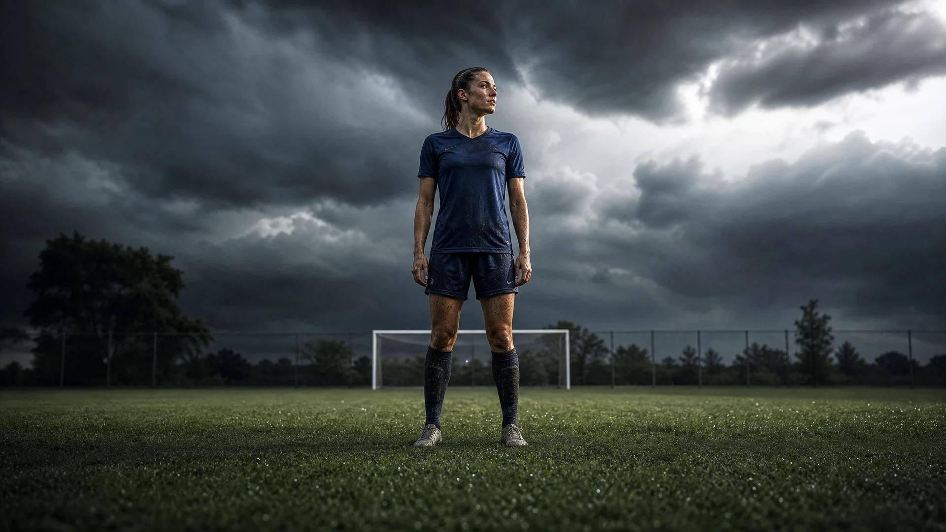 A female football player stands on a football pitch under dark, stormy clouds, reflecting in a moment of solitude.