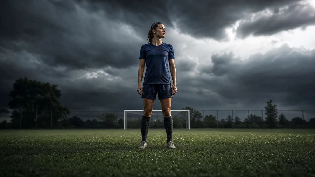 A female football player stands on a football pitch under dark, stormy clouds, reflecting in a moment of solitude.