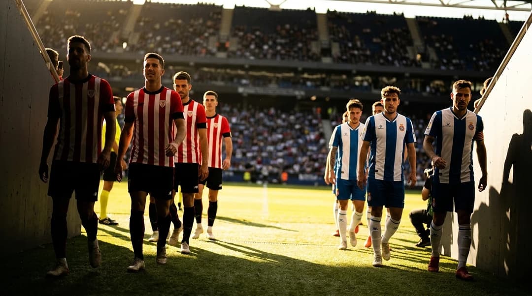 A tense moment between Athletic Club and Espanyol players at the pitch.