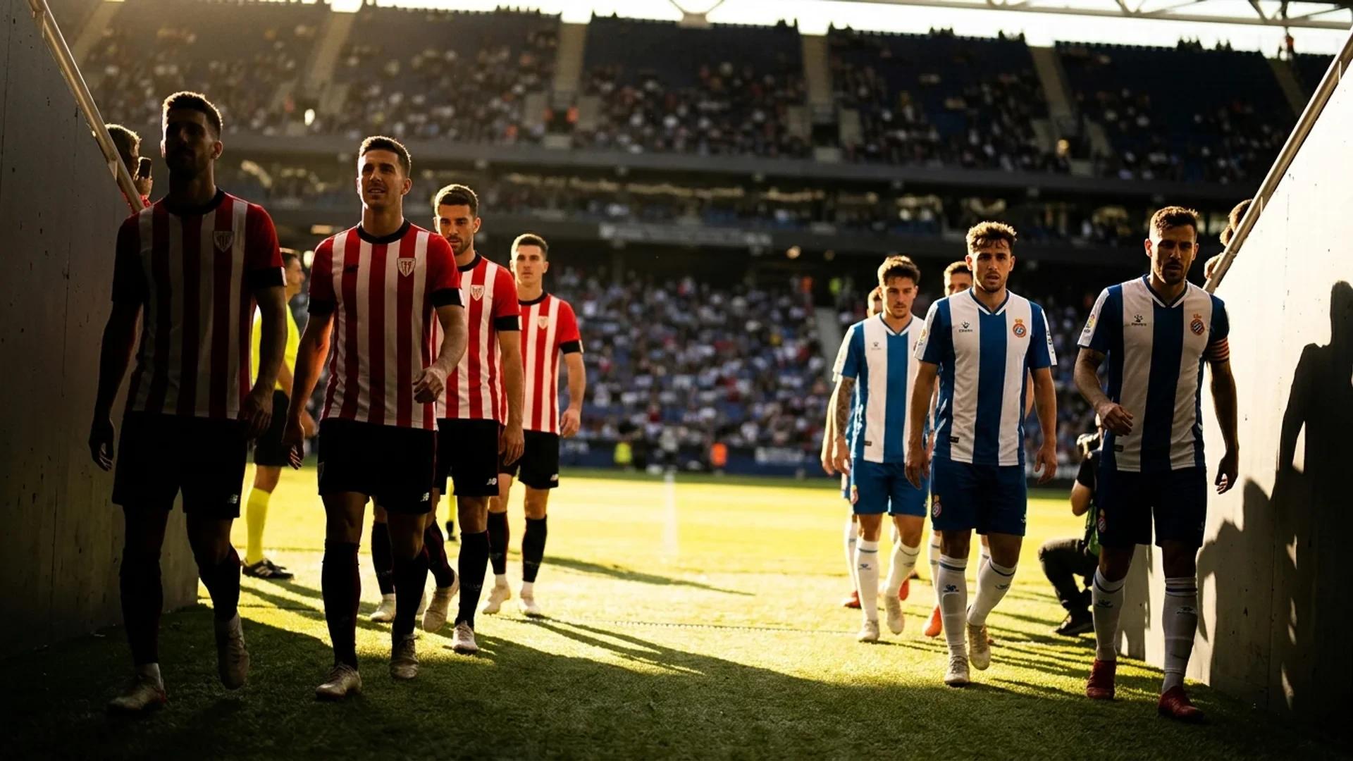 A tense moment between Athletic Club and Espanyol players at the pitch.