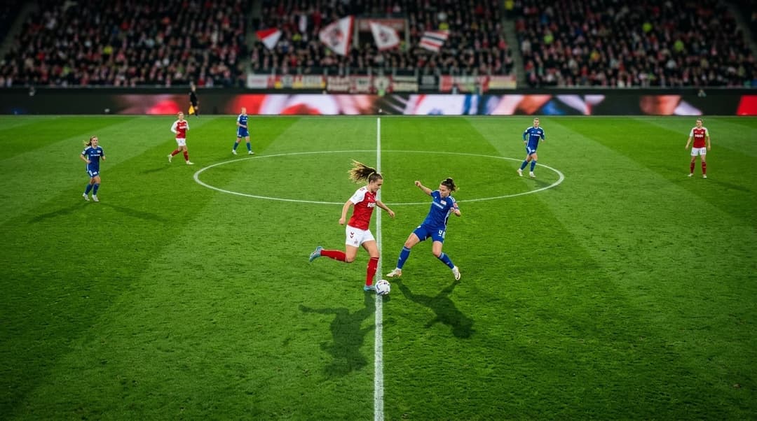 Eine Draufsicht auf ein Fußballspiel, das einen Spieler des 1. FC Köln zeigt, der den Ball an einem Verteidiger von Union Berlin vorbeidribbelt.